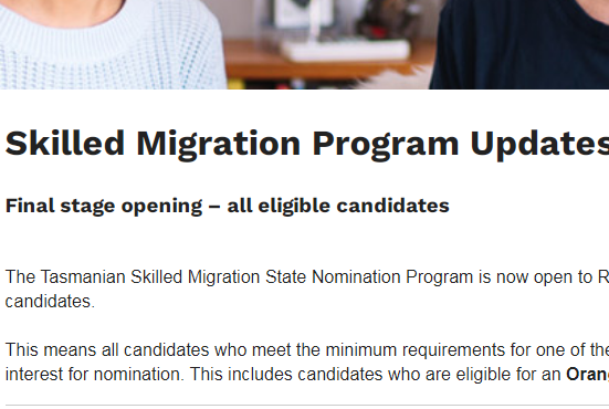 澳洲塔州官网更新：技术移民申请渠道开放，降低颜色邀请条件!