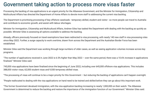 Andrew Giles（移民、公民身份和多元文化事务部长）针对签证积压的阐述